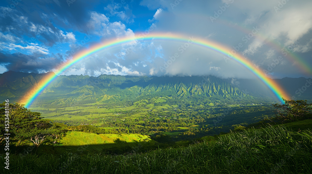 Fototapeta premium Behold mesmerizing spectacle of a resplendent rainbow gracefully spanning across a verdant mountain a testament to harmonious fusion of nature's vibrant splendor
