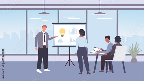 Presentation of new ideas with a lightbulb and charts to a small group in a modern office space room
