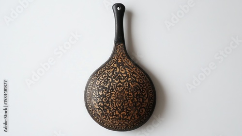 A castanet with intricate patterns, leaving room for text on the right, set against a white background