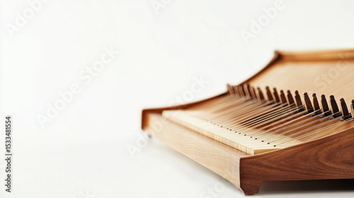 A cimbalom with wooden body, space for text on the right, set on a bright white background