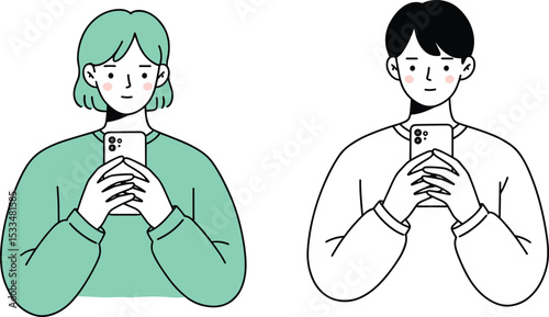 Illustration of young people using smartphones, person holding phone, digital connection, modern technology concept, mobile phone interaction flat vector illustration