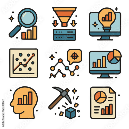 Nine data analysis icons depict various methods. Suitable for presentations, reports, infographics about analyzing data in business or research.