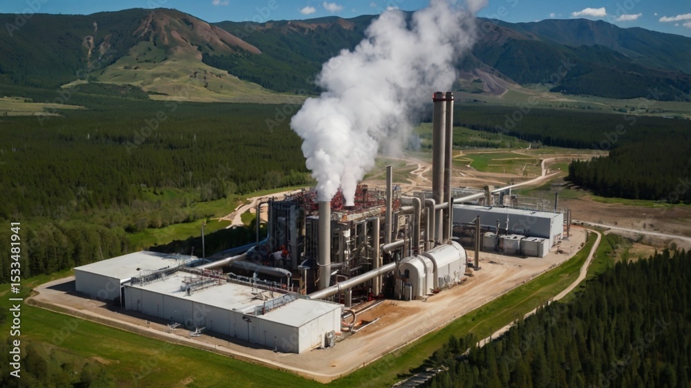 Fototapeta premium Geothermal power plant with steam rising from a circular hot water source, surrounded by metal pipes and equipment in a dry, mountainous landscape