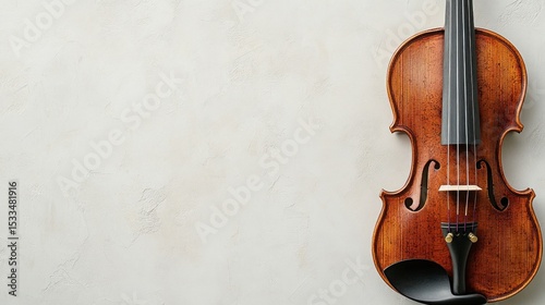 A classical violin with intricate details, space for text on the right, set on a clean white surface
