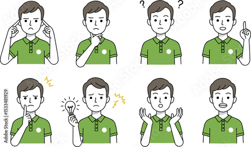 Male character displaying thinking, confusion, idea, explanation, surprise, and frustration expressions, cartoon emotion set for communication, education, animation,  flat vector illustration