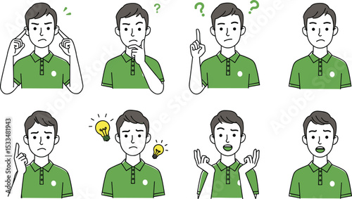 Male character showing various expressions and gestures including confusion, idea, thinking, talking, and frustration, emotional cartoon illustration  flat vector illustration