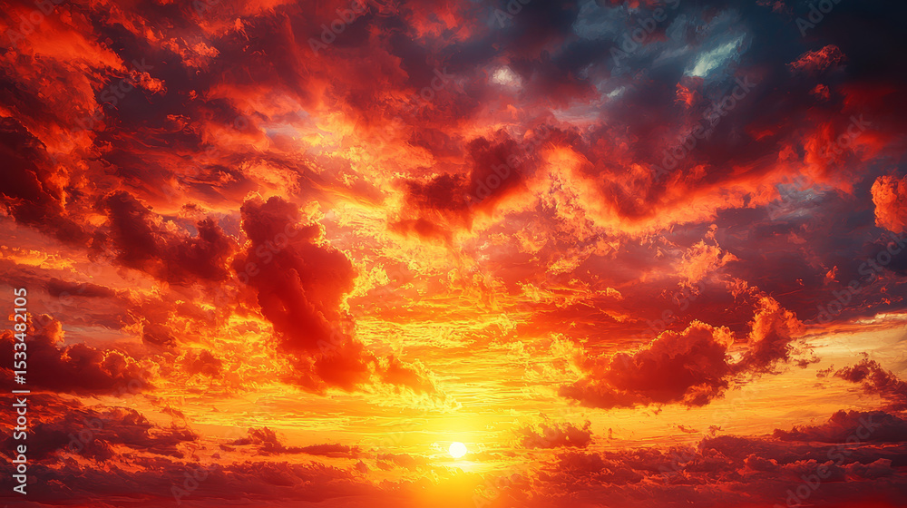 Fototapeta premium Bright red sunset. Dramatic evening sky with clouds. Fiery skies with space for design. Magic fantasy sky. War, battle, terror, world apocalypse, horror concept