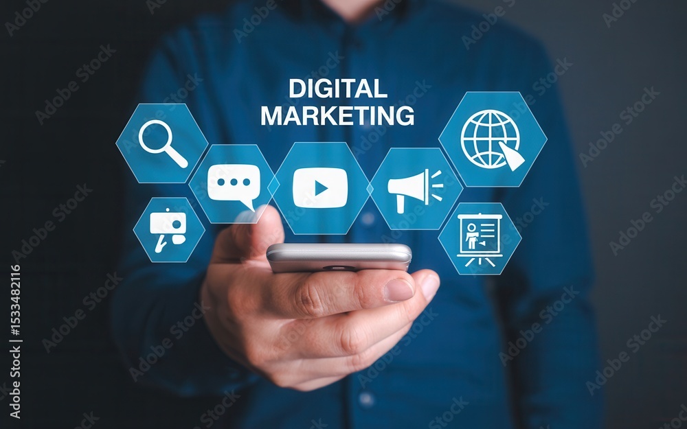 Fototapeta premium Digital marketing interface displayed on a phone.