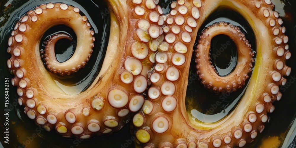 Obraz premium Close-up of cooked octopus tentacle, glistening with oil, in a dark bowl