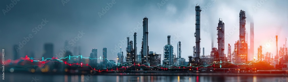 Obraz premium Energy market volatility forecast with investment in global supply concept. A panoramic view of an industrial skyline with smokestacks.