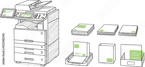 Modern multifunction printer with touchscreen panel, multiple paper trays, document feeder, printed paper stack, and file organizers, detailed vector illustration for office flat vector illustration
