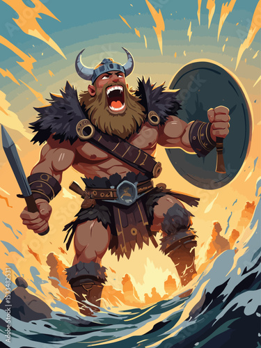 A strong Norse warrior stands firmly in front of the camera, posing with raw power and intensity 