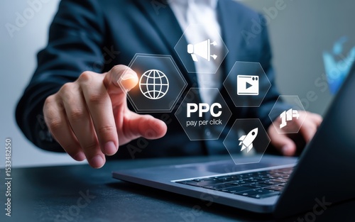 Wallpaper Mural Person interacts with digital interface for pay-per-click advertising. Torontodigital.ca