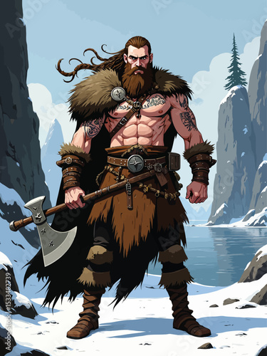  A strong Norse warrior stands firmly in front of the camera, posing with raw power and intensity