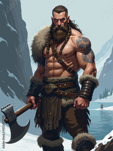  A strong Norse warrior stands firmly in front of the camera, posing with raw power and intensity