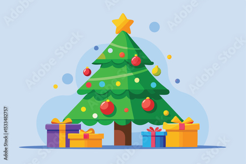 Festive Christmas Tree with Colorful Ornaments and Wrapped Gifts Illustration