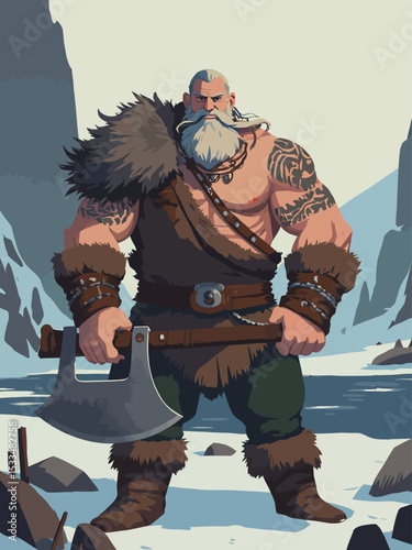  A strong Norse warrior stands firmly in front of the camera, posing with raw power and intensity