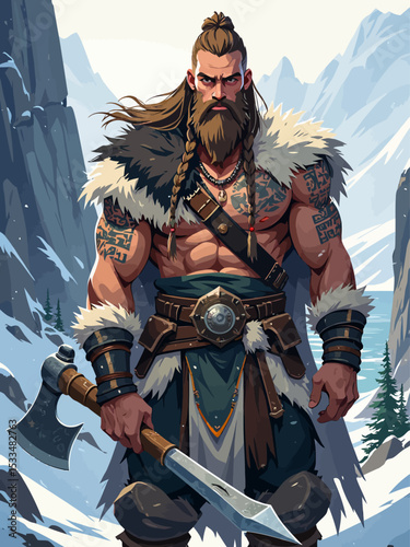  A strong Norse warrior stands firmly in front of the camera, posing with raw power and intensity