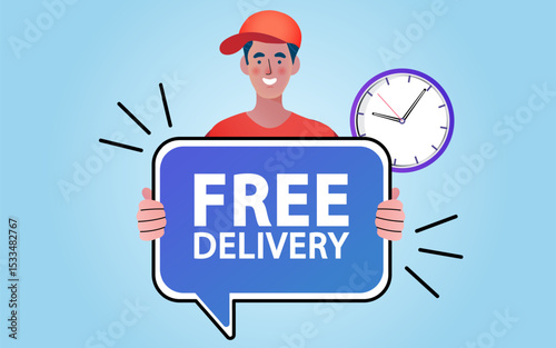 Delivery man holds a cardboard box. Man standing next to delivery van. Transport and people. male worker loads boxes in truck. Online shopping. Ecommerce concept. Vector flat design illustration.