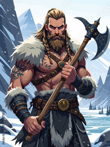  A strong Norse warrior stands firmly in front of the camera, posing with raw power and intensity