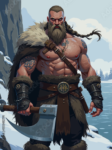  A strong Norse warrior stands firmly in front of the camera, posing with raw power and intensity
