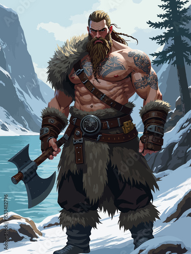  A strong Norse warrior stands firmly in front of the camera, posing with raw power and intensity