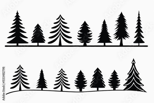Black and White Silhouette Illustration of Evergreen Trees in Two Rows on White