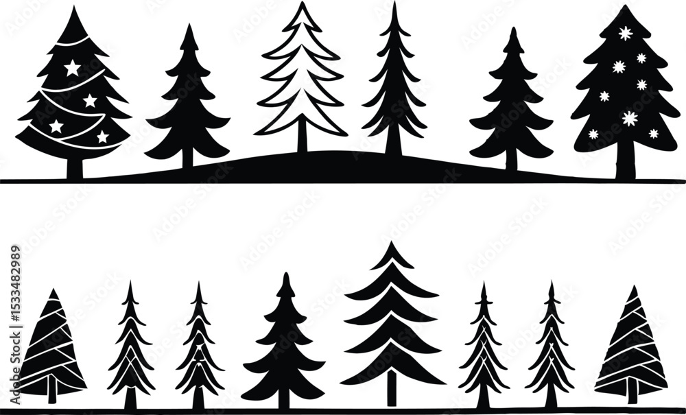 Obraz premium Two rows of stylized Christmas trees in black and white vector format