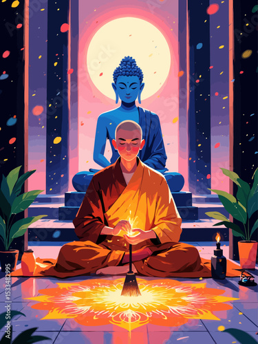  buddhist monk making mandala, beautiful image with surreal light in the temple