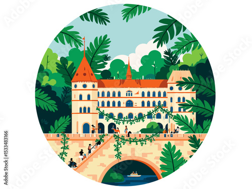 Fishermans Bastion in Budapest overrun by abstract jungle leaves and vines, simplified tourists as silhouettes