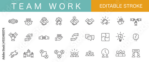 Set of 27outline icons related to Team Work. Linear icon collection. Editable stroke. Vector illustration