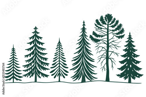 Silhouette Illustration of Evergreen Trees in a Forest Landscape on White Background
