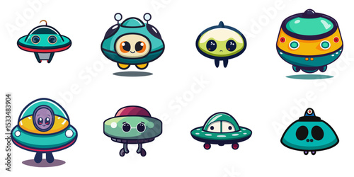 Multiple vector illustrations cute UFO alien