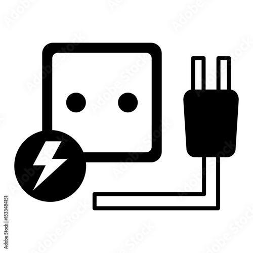 Solid icon of socket with a cable and a thunderbolt. Represents electric outlet, live wire, or energy access.