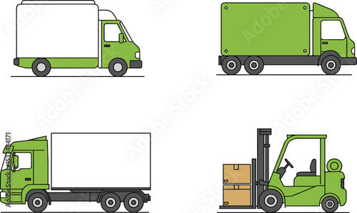  Set of green cargo trucks and forklift icons for logistics and warehouse illustration, transport vehicle vector pack for shipping, freight, delivery, flat vector illustration