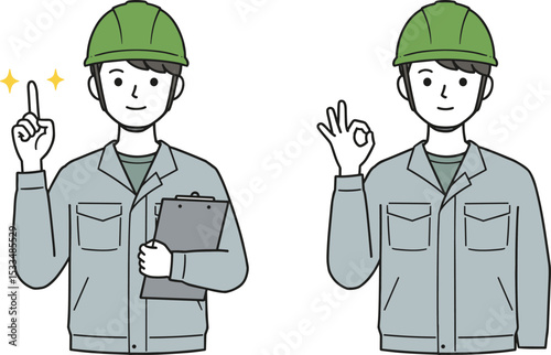 Smiling construction workers in safety helmets making OK and idea gestures, holding clipboard, cartoon illustration for engineering, inspection, safety training, teamwork, flat vector illustration