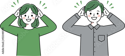  Smiling woman and man demonstrating happy, positive, and fun gestures with hands on their heads, cheerful and friendly attitude, expressing joy and enthusiasm in a playful, vector illustration