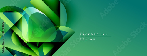 Abstract green shapes overlap, creating dynamic visual texture. Gradient background complements design elements. Modern aesthetic.