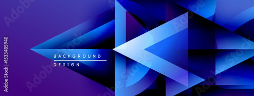 Abstract geometric shapes create dynamic blue purple gradient background. Modern design elements suggest technology, innovation.