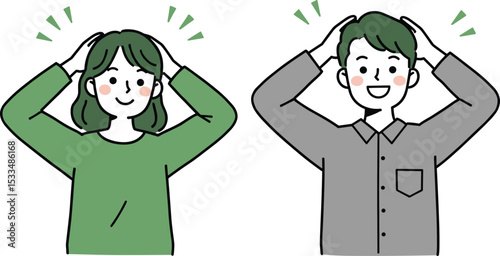 Two happy people holding their heads in a playful gesture, enjoying a fun and relaxed moment, isolated on white background in vector illustration style, flat vector illustration