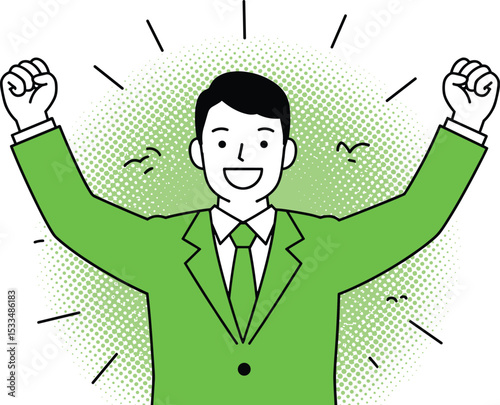 Successful business man in green suit raising hands, celebrating victory, achievement, positive, determined expression with halftone background and birds, concept of success,flat vector illustration