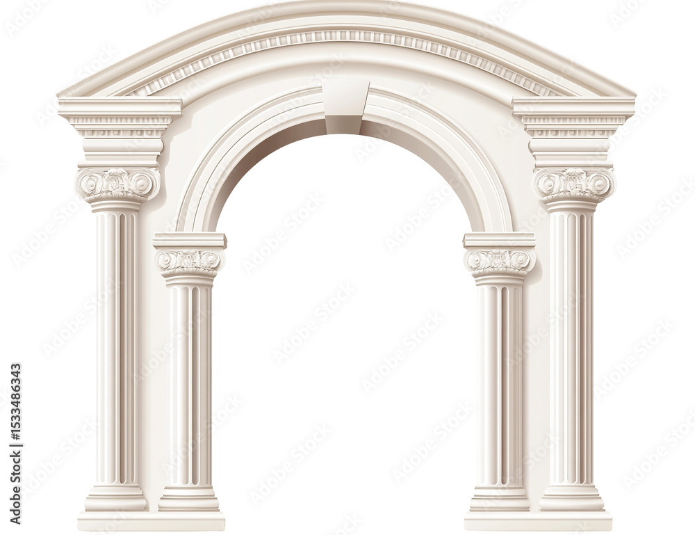 Fototapeta premium Classical white stone archway with columns, transparent background, architectural design element, elegant entrance, ornate details, interior design, exterior design, building facade, vintage