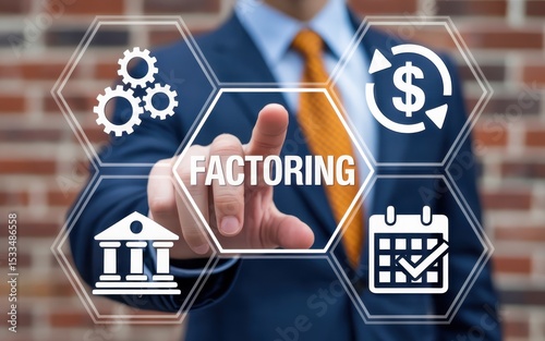A person touches a virtual interface displaying the word factoring and related business icons. photo
