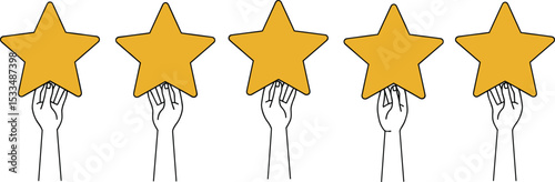 Hand holding five golden stars vector, customer rating concept, five star review illustration, satisfaction feedback, quality evaluation icon, rating service vector image