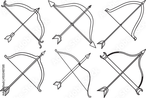 Set of Archery bow outline vector illustration, line art