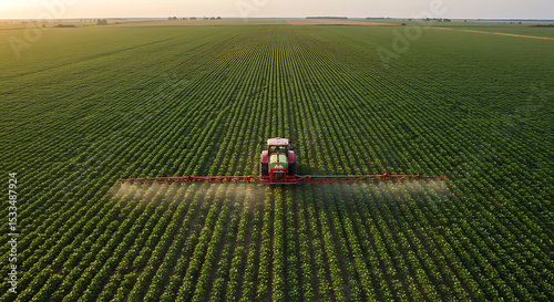 Modern tractor spraying pesticide on green soybean field at sunset, agricultural machinery working in rows of crops, sustainable farming technology, farmland landscape with blue sky and clouds, precis