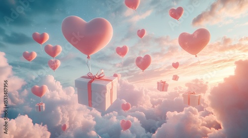 A Box flying on a parachute with pink cloud in valentine day,package flying down from sky and cloud with parachute, concept for delivery service,shopping online,air delivery service.