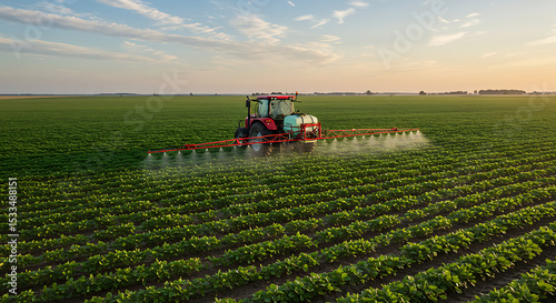Modern tractor spraying pesticide on green soybean field at sunset, agricultural machinery working in rows of crops, sustainable farming technology, farmland landscape with blue sky and clouds, precis