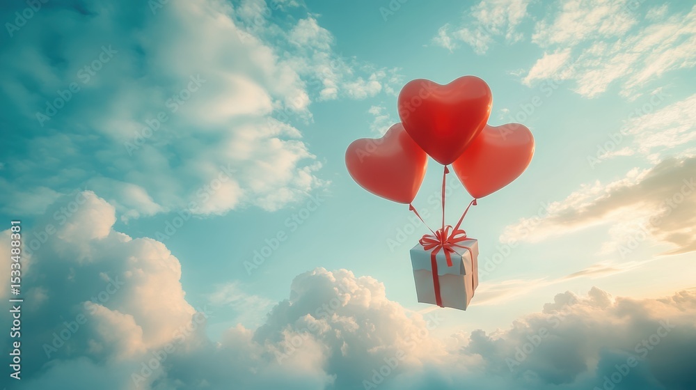 Fototapeta premium A Box flying on a parachute with pink cloud in valentine day,package flying down from sky and cloud with parachute, concept for delivery service,shopping online,air delivery service.