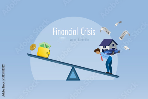 Fatigued man carrying house and car on back standing on seesaw, balance scale. Imbalance between cost expenses and income salary. Poor personal financial crisis and risk management.